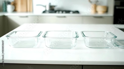 Clear Glass Food Storage Containers Ready for Meal Prep on a Modern Kitchen Countertop Empty Reusable Glassware for Healthy Cooking and Kitchen Organization