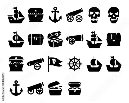 black pirate adventure icon set, ship, skull, treasure chest, cannon etc. vector illustration silhouette.