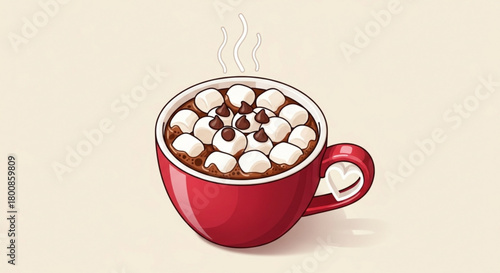 A steaming mug of hot chocolate with marshmallows and chocolate chips isolated on, perfect for a cozy winter day, sweet treat