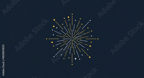 A captivating burst of light radiates from the center, with thin lines of yellow and white emanating outwards against a deep blue backdrop