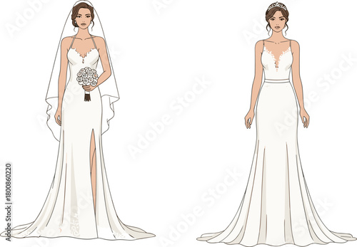 Elegant Bridal Wedding Dress Illustration, Front and Back View, Stylish Gown for Bride, Fashionable Wedding Outfit, Vector Design
