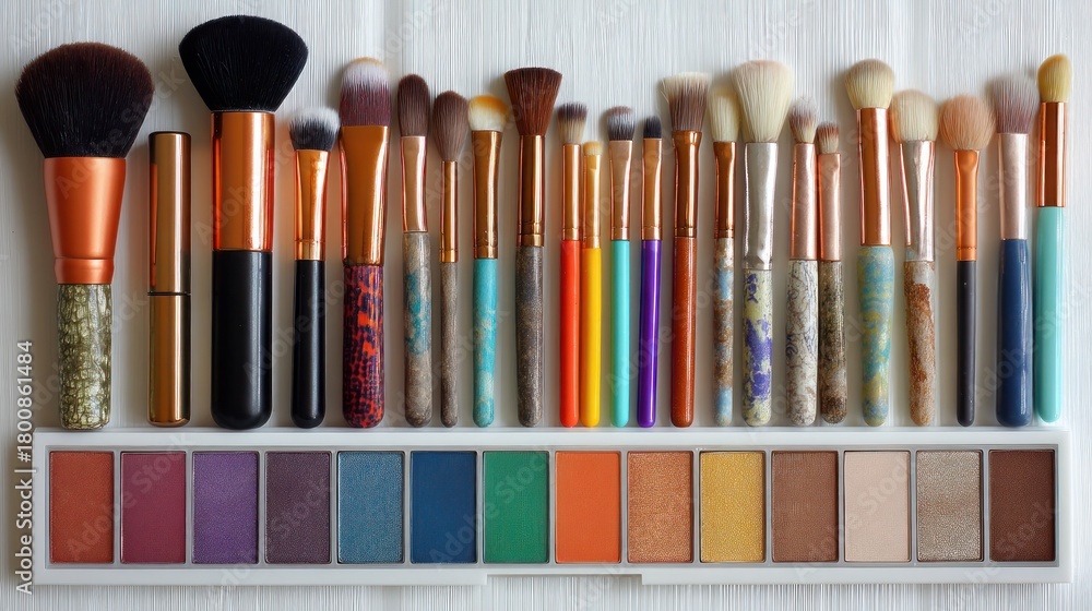 Naklejka premium A collection of makeup brushes and eyeshadows arranged in a horizontal line on a white background.