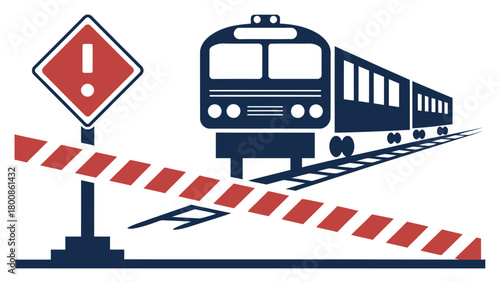 Railway crossing safety alert with train and barrier, promoting rail safety awareness and transportation caution, originally a scalable vector graphic