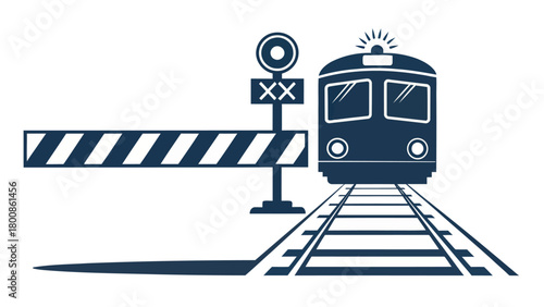 Modern vector illustration of a train approaching a railroad crossing, perfect for transportation, travel, or safety related design projects, scalable and adaptable