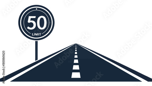 Drive Safely Ahead with a 50 Speed Limit Sign on a Long Road, Perfect for Transportation Safety Campaigns and Highway Regulations Awareness Graphics