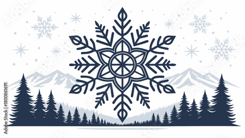 Festive winter landscape with snowflake design, evoking the magic of the season and the beauty of nature, perfect for holiday greetings and seasonal promotions