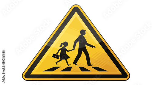 Caution pedestrian crossing ahead with father and child walking, a yellow hazard sign for safety awareness, originally a scalable vector graphic.