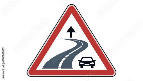 Caution ahead road sign with winding road and vehicle, a warning about upcoming curves and potential hazards, perfect for safety campaigns and driver education