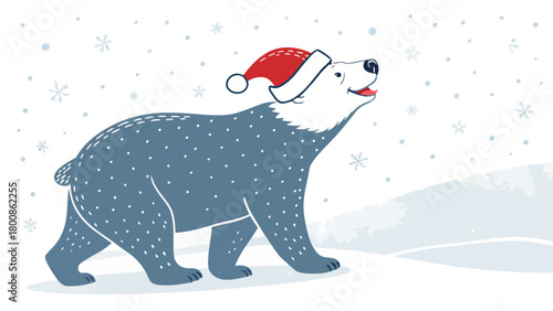 Delightful polar bear with Santa hat enjoying a snowy winter day, perfect for holiday greetings, festive cards, and seasonal promotions with winter charm
