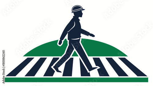 Safety first crossing design shows construction worker in hard hat using crosswalk, emphasizing pedestrian awareness and road safety for industrial zones
