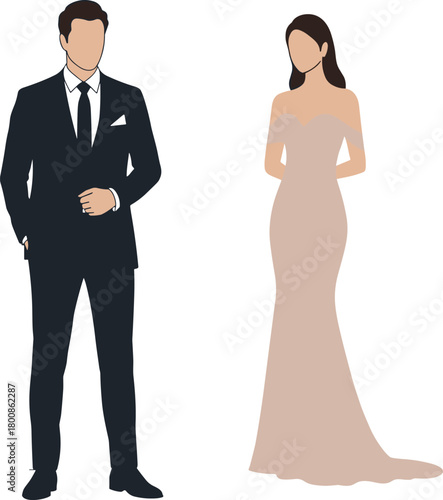 Elegant Formal Couple in Black Suit and Long Dress, Fashion, Wedding, Romance, Love, Elegant Attire, Couple Illustration, Vector Content
