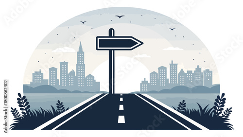 Embark on your journey with this cityscape and arrow sign, a modern graphic perfect for travel blogs, city guides, and direction-finding apps