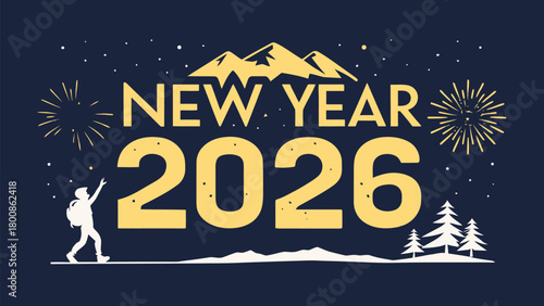Celebrate the New Year 2026 with travel adventures and nature's beauty under fireworks, a modern design for festive greetings and joyful moments
