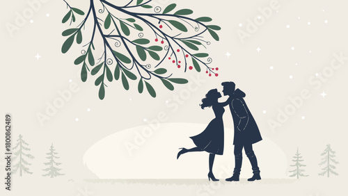 Romantic winter scene with kissing couple beneath mistletoe, a timeless holiday moment perfect for seasonal greetings and festive designs for Christmas