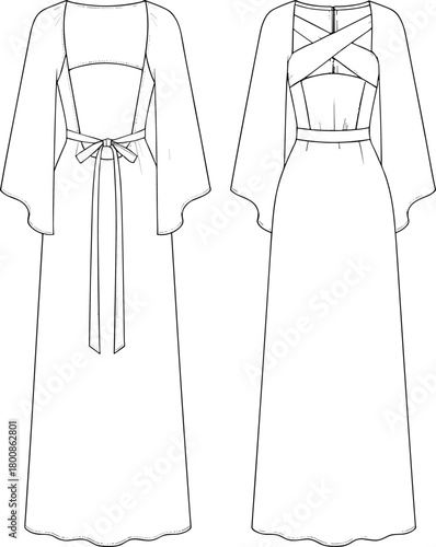 Elegant long dress technical sketch, flowing sleeve design with waist tie, crossover back detail, fashion flat illustration for sewing patterns and garment drafting