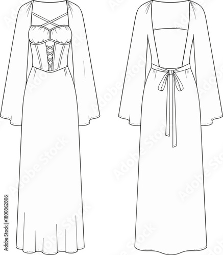 Elegant long dress technical sketch, corset bodice with lace detail, flared sleeves, open back tie design, fashion illustration for sewing patterns