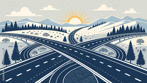 Stunning freeway interchange scene with pine trees and mountain landscape, perfect for transportation design or travel concept in vector style art illustration