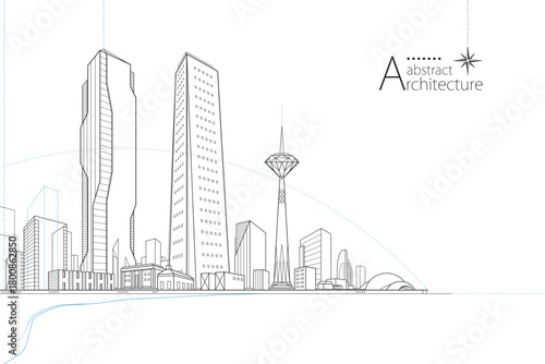 Abstract modern urban  line drawing, imaginative architecture building construction perspective design.
