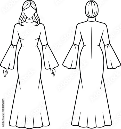 Elegant long sleeve flared dress fashion flat sketch, front and back technical drawing, fitted silhouette gown design, apparel vector illustration template