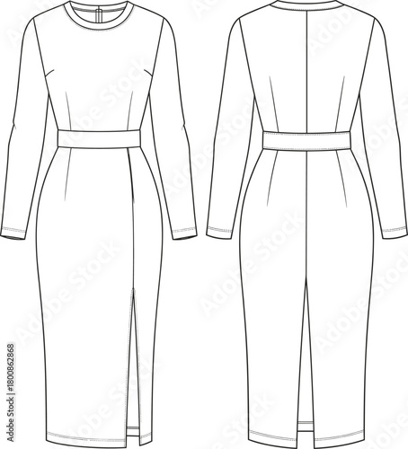 Elegant long sleeve midi dress flat sketch with front slit, waist belt detail, technical fashion drawing for designers, sewing pattern template