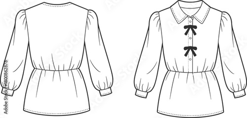 Elegant long sleeve women blouse fashion flat sketch, front and back technical drawing, puff sleeves, bow tie detail, sewing pattern design, apparel illustration