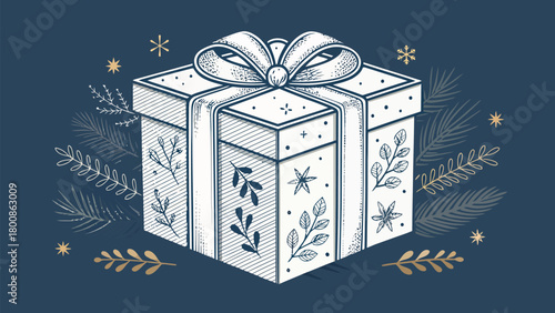 Elegant Christmas gift illustration with botanical accents and star details perfect for holiday greetings, festive promotions, and seasonal designs