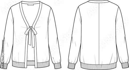 Elegant long-sleeve women’s cardigan fashion flat sketch with front tie bow detail, ribbed cuffs and hem, technical apparel illustration design