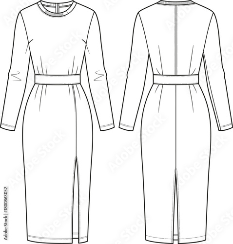 Elegant long-sleeve midi dress fashion flat sketch with waist belt, front slit, technical garment illustration for designers, sewing pattern template
