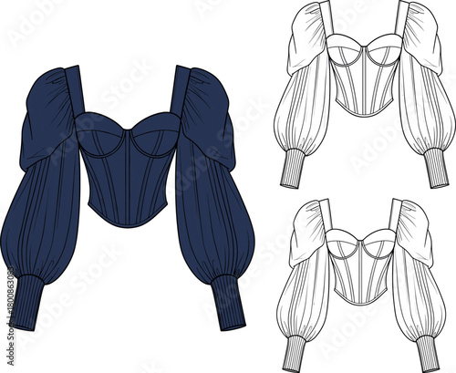 Elegant puff-sleeve corset top fashion illustration, detailed garment flat sketch design showcasing stylish off-shoulder silhouette, structured bodice, and modern apparel elements