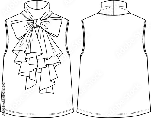 Elegant sleeveless blouse fashion flat sketch, large bow tie neck top illustration, cascading ruffle detail, technical apparel drawing for designers, womenswear template