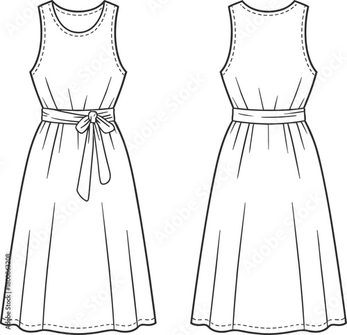 Elegant sleeveless midi dress fashion flat sketch, front and back view, belt tie waist design, feminine summer apparel illustration, vector template
