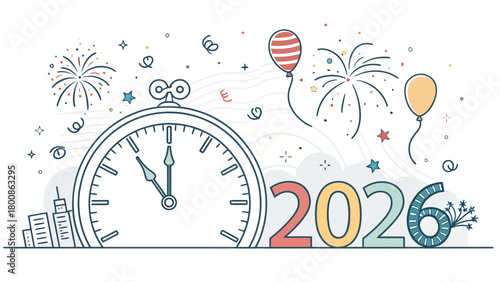 Countdown to 2026 New Year's Celebration with Sparkling Fireworks and Joyful Balloons, Awaiting the Excitement of the Coming Year with Festive Cheer