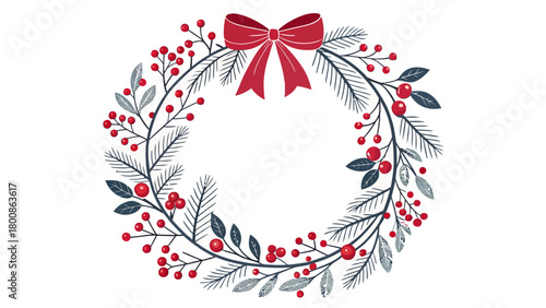 Festive Christmas Wreath with Red Berries and Bow, Perfect for Holiday Greetings and Seasonal Decor, Originally a Scalable Vector Graphic