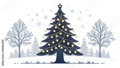 Elegant Christmas tree illustration with star and twinkling lights, creating a festive winter wonderland scene, perfect for holiday greetings and seasonal designs
