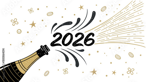 Exciting 2026 New Year celebration graphic with popping champagne bottle and festive stars, perfect for invitations and party announcements