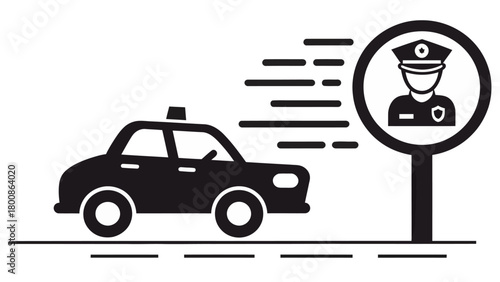 Urgent police pursuit with speeding car and officer symbol, ideal for safety campaigns and law enforcement materials, visually striking graphic design.