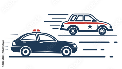 Dynamic law enforcement chase scene, speeding police cars in pursuit conveys action, perfect for crime stories, police themes, or emergency response visuals