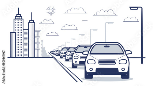 Modern city illustration with cars lining up on the street, ideal for urban planning and transportation projects, conveys a sense of order and movement