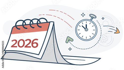 Plan ahead for 2026 with this calendar and stopwatch illustration, perfect for presentations, business planning, deadlines, and time management concepts
