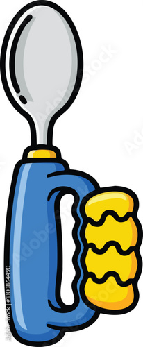 Blue baby spoon with yellow wavy grip and gray oval bowl isolated on white background