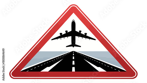 Caution airplane landing vector road sign, aviation safety alert, transport travel icon, commercial flight advisory, runway approach notification, travel