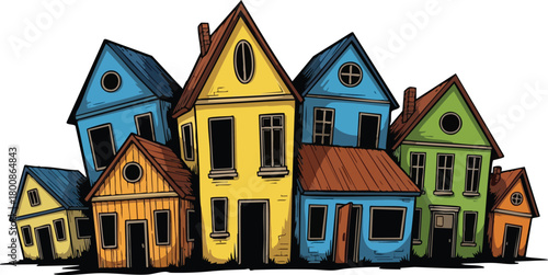 Collection Of Colorful Cartoon Houses With Pointed Roofs And Windows On White Background