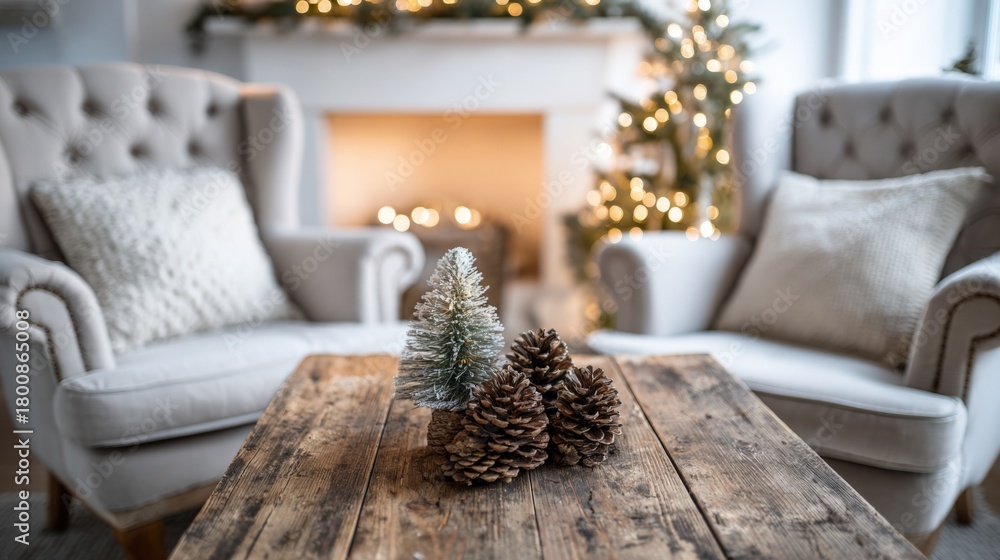 Naklejka premium Festive Christmas Living Room Interior with Armchairs, Fireplace, and Holiday Decorations for Cozy Celebration