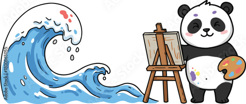 Cute panda artist painting ocean wave on canvas, creative animal illustration, watercolor art concept, adorable cartoon drawing design