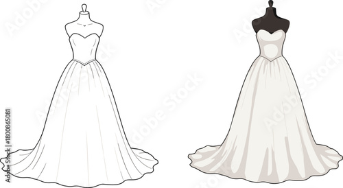 Elegant Wedding Dress Illustration with Beautiful Flowy Gown Design for Bridal Fashion, Wedding Apparel, and Dress Collection on Adobe Stock