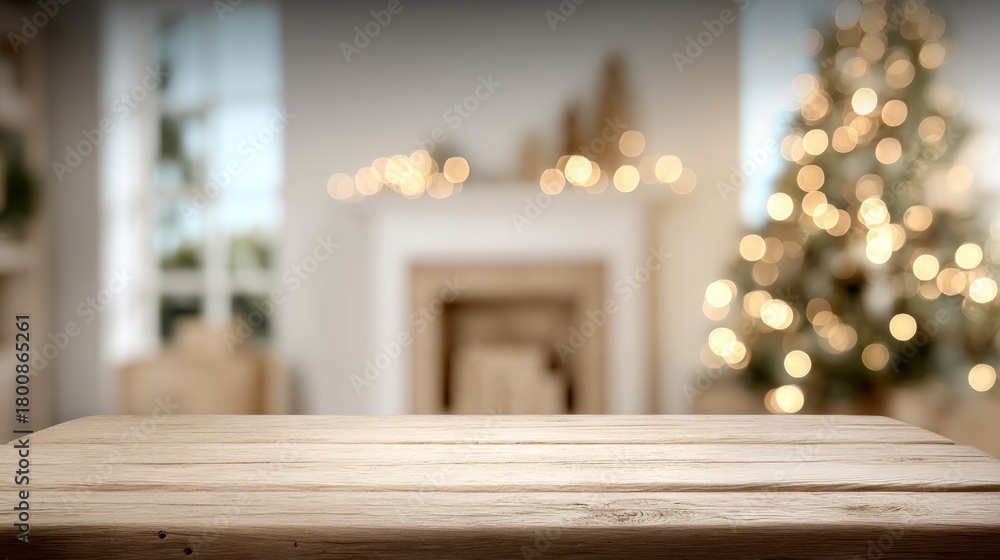 Fototapeta premium Festive Christmas Background with Wooden Table for Product Display and Holiday Celebration Backdrop