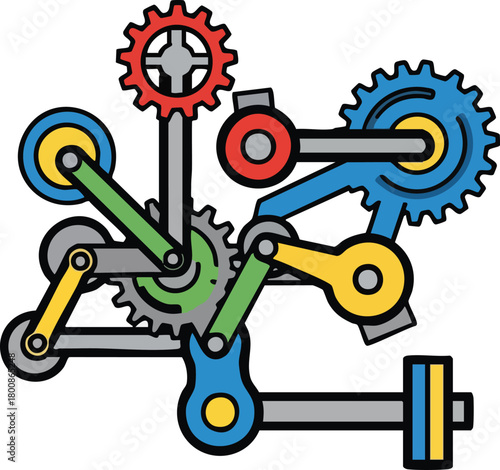 Complex Mechanical System With Interlocking Gears Cogs And Levers In Bright Colors