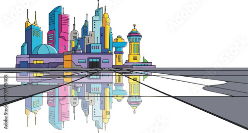 Vibrant Abstract Cityscape with Colorful Buildings Reflecting in Water