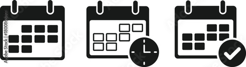 Black Calendar Icons with Clock and Check Mark on Transparent Background