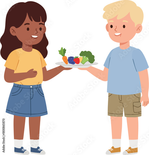 Two happy children offering and receiving a plate of colorful fruits and vegetables against a clean white background.